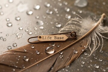 A Life Base Tag Attached to a Feather with Water Droplets