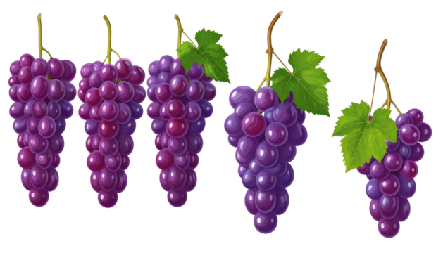 Five bunches of vibrant purple grapes, rendered in a digital art style, set against a stark black backdrop