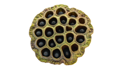 Seedpod with many holes containing seeds, isolated on black background. Dark seed color creates a trypophobia-inducing visual
