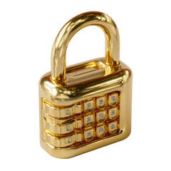 Gleaming golden combination padlock with numbers, viewed from an angle. Metallic shine, secure, and a retro-modern aesthetic