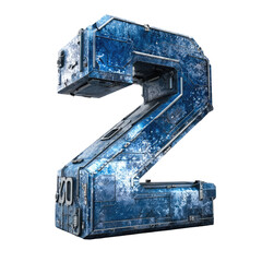Metallic number two rendered in blue, heavily textured with weathering and industrial details, on a transparent background