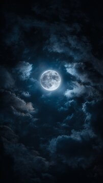 phase. Dramatic night sky featuring a full moon with subtle cloud details, evoking a serene celestial atmosphere. travel magazines, destination branding, designed for travel destination branding.
