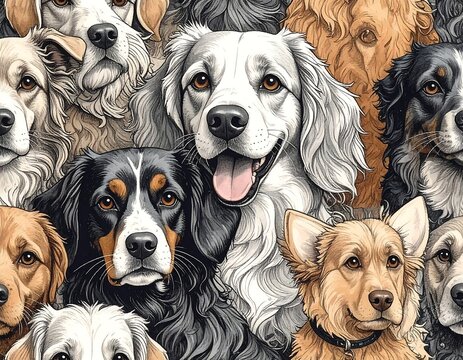 Close-up of various dog breeds looking at viewer