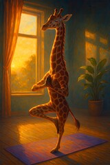Giraffe balances upside down near window