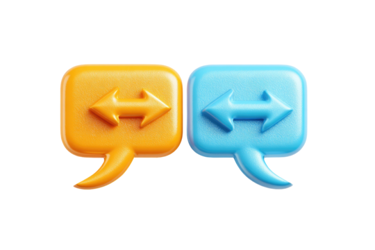 Two glossy chat bubbles, one orange with left-right arrow, other blue with left-right arrow. Isolated on black background