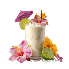Tropical drink with vibrant hibiscus flowers, lime, & tiny umbrella sits on a bed of white coconut flakes