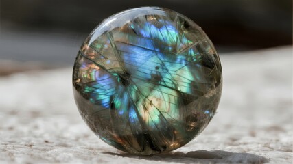 Polished labradorite sphere with iridescent blue and green flashes resting on a textured surface