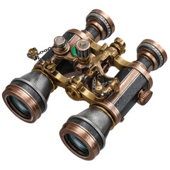 Ornate binoculars with metallic finish, featuring intricate gears, copper accents, and green adjustment knobs on dark background