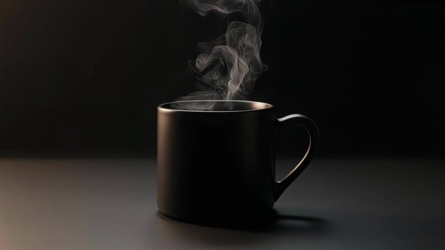 A black mug with rising steam sits on a surface, against a dark backdrop