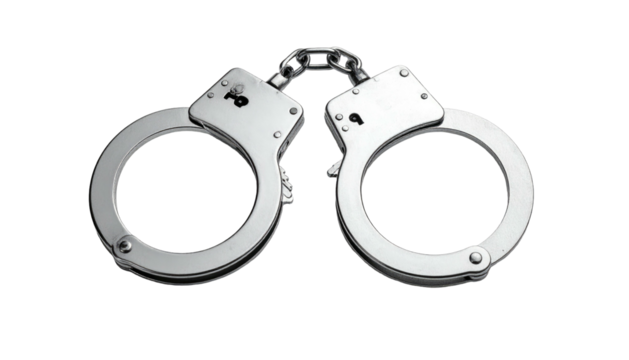 Silver metal handcuffs, isolated against a black background, linked with a chain