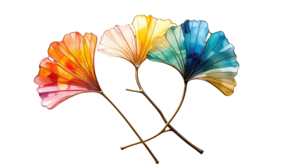 Four colorful gingko leaves, painted in shades of orange, white, green, and blue with golden stems, on a black background