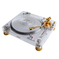 Transparent turntable with gold accents spinning a white record, isolated on a black background, showcasing its design