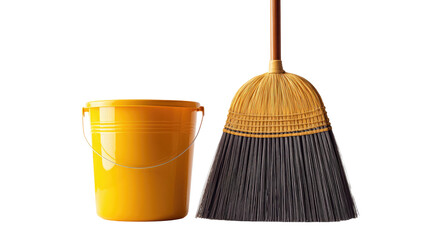 Cleaning scene, bright yellow bucket beside a corn broom with a wooden handle, depicted against black