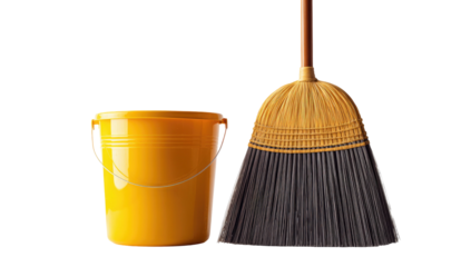 Cleaning scene, bright yellow bucket beside a corn broom with a wooden handle, depicted against black