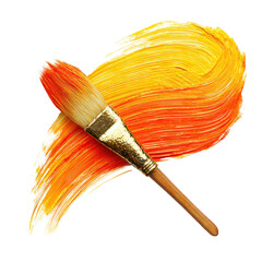A paintbrush layered over a streak of vibrant, textured, orange and yellow paint on a black background