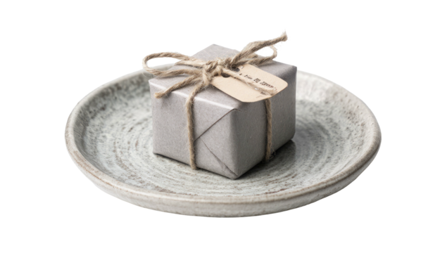Wrapped gray gift on a decorative gray plate, tied with twine and tag, isolated on a transparent background - Powered by Adobe