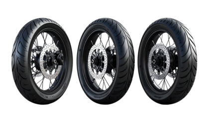 Three motorcycle wheels displayed against a black background. Light reflects off the rubber and metal