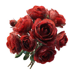 Lush bouquet of deep red roses, glistening with water droplets, presented against a stark black background