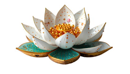 Ornate white lotus flower with gold accents and orange dots, rendered against a black background