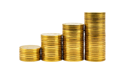 Stacks of gold coins in ascending heights on black background create a financial growth concept