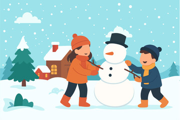 Children Building a Snowman in Modern Flat Style Winter Illustration