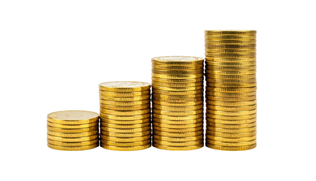 Stacks of gold coins in ascending heights on black background create a financial growth concept