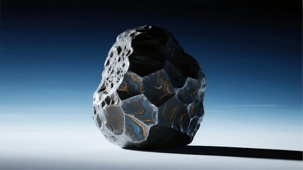 Fototapeta premium A close-up of a dark, porous rock with intricate internal patterns, illuminated against a gradient blue background.