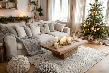 Obraz premium Minimalist Scandinavian Christmas Living Room with Tree, Candles, and Cozy Textiles 