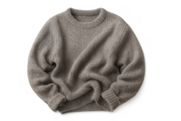 Gray crewneck wool pullover sweater, soft knitwear clothing for winter fashion comfort, cutout on transparent background