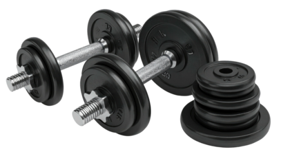 Pair of silver dumbbells with black plates, beside stacked weights on black background, fitness focused and shiny