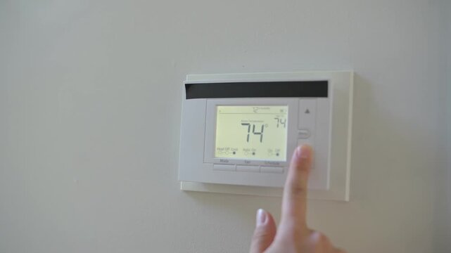 A person presses a button on a digital wall thermostat to change temperature. Adjusting wall thermostat thermostat