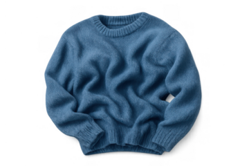 Blue knitted wool sweater, comfortable stylish pullover for autumn and winter fashion apparel, plain background