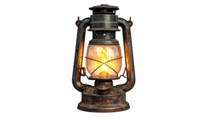 A rustic, aged oil lamp glows with a warm light against a solid black background