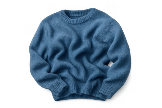 Blue knitted wool sweater, comfortable stylish pullover for autumn and winter fashion apparel, plain background