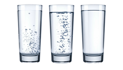 Three filled clear glasses, some with bubbles, showcasing liquid levels against a solid black background in a simple display