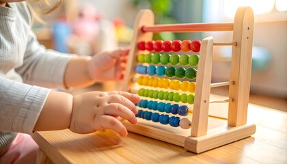 Child playing with colorful wooden abacus on table