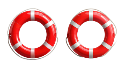 Two glossy, red life preservers with white stripes, side-by-side, on a black backdrop, suggest safety and rescue