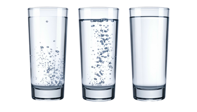 Three filled clear glasses, some with bubbles, showcasing liquid levels against a solid black background in a simple display