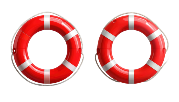 Two glossy, red life preservers with white stripes, side-by-side, on a black backdrop, suggest safety and rescue