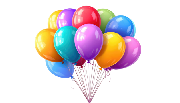 A festive bunch of colorful, shiny balloons gathered with ribbons against a black background