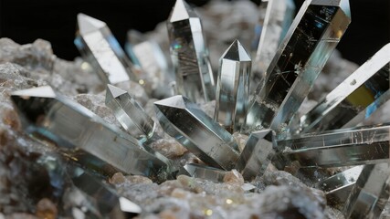Cluster of clear quartz crystals growing from a rocky matrix