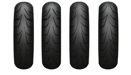 Four dark tires with varying tread patterns, set against a black background, showcasing different designs