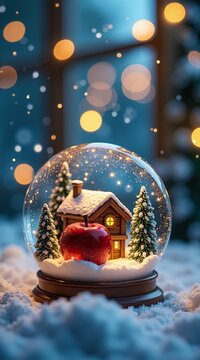 A cozy winter snow globe featuring a tiny cottage, snowy pine trees, and a glowing red apple with Bulents Heras inscribed on itall nestled in soft light against twinkling bokeh lights. Perfectly festi