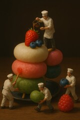 Miniature chefs decorating a colorful mochi tower