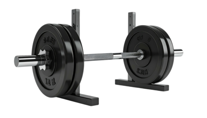 Weightlifting equipment showing a barbell loaded with weights sitting on a rack. Isolated on a black background