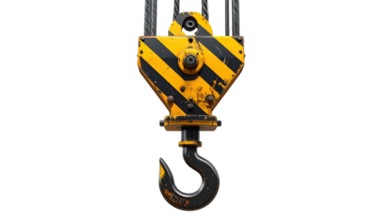 Close-up of a yellow & black striped crane hook with detailed metal texture, against a dark background