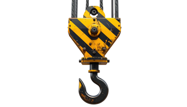 Close-up of a yellow & black striped crane hook with detailed metal texture, against a dark background