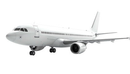 Obraz premium White airplane with landing gear down, against a transparent background, presented from a low-angle perspective