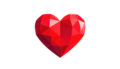 Low-poly, ruby-red heart, composed of tessellated triangles against a stark black background