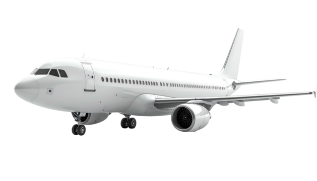 White airplane with landing gear down, against a transparent background, presented from a low-angle perspective